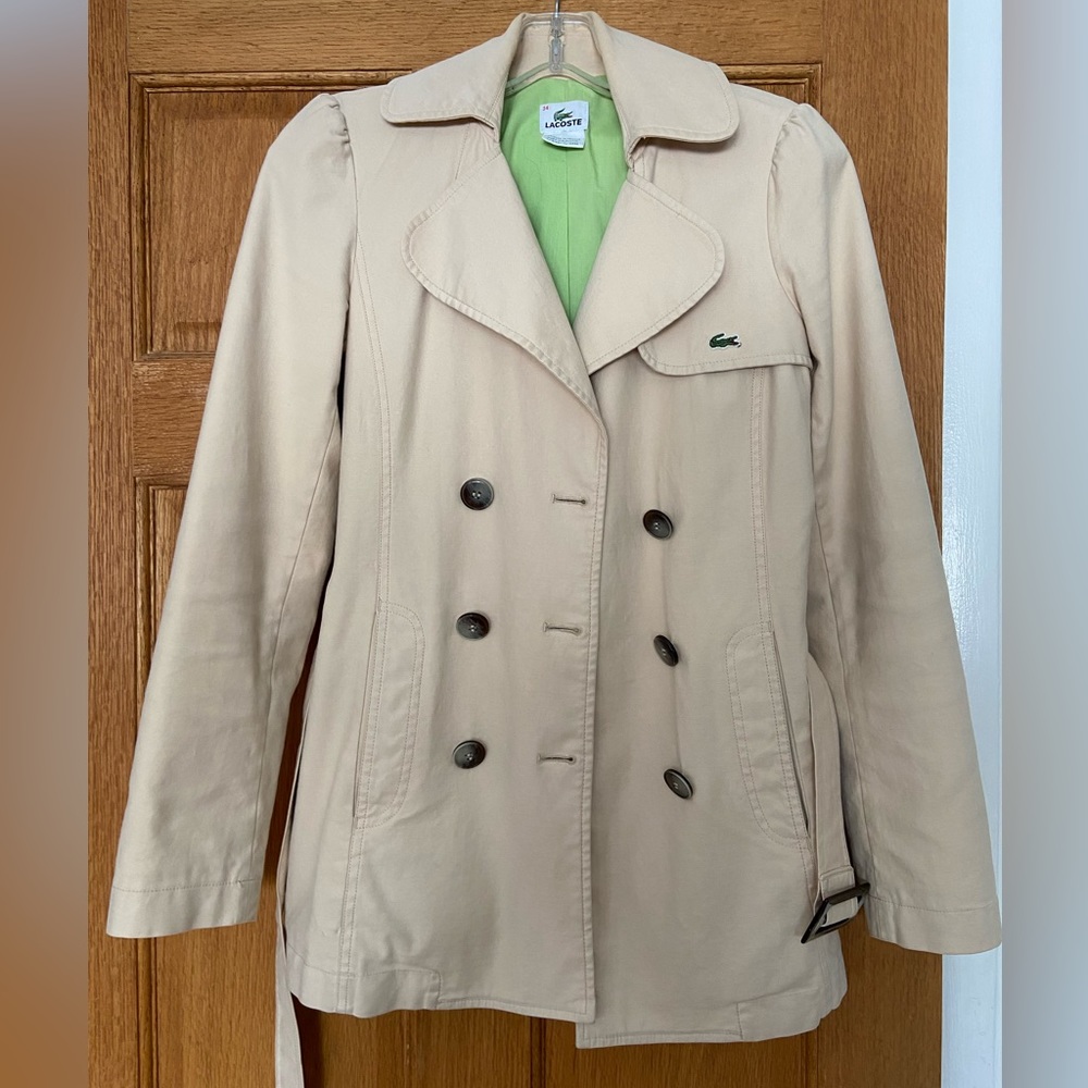 Lacoste Short Belted Trench Coat Tan Khaki Size 34
